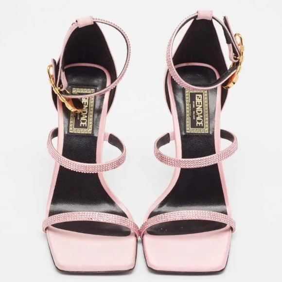 Fendi x Versace Pink Satin Crystal Embellished Ankle Strap Sandals - Picture 13 of 13